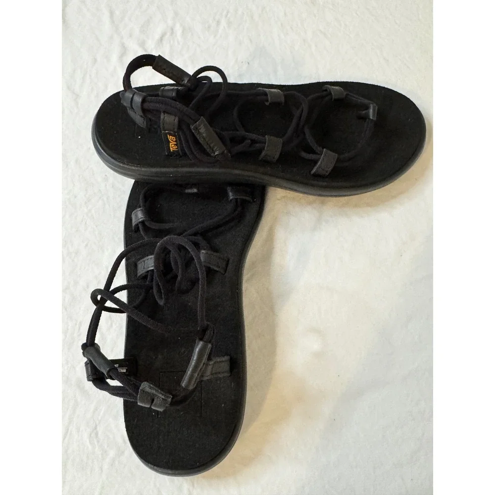 Teva Voya Infinity Black Strappy Sandals Womens W7 Minimalist Gladiator Flat